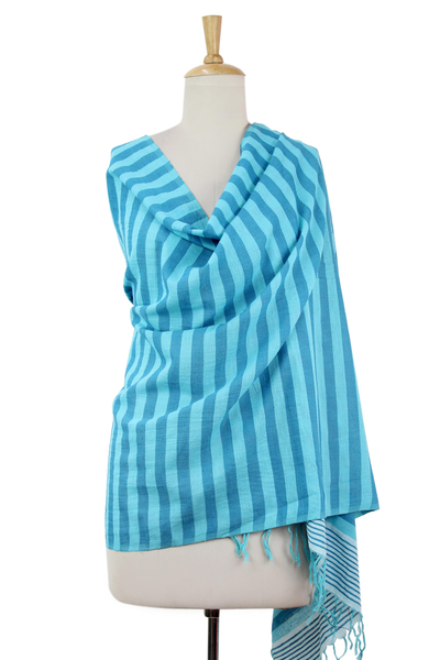 Cotton shawl, 'Turquoise Horizon' - Artisan Crafted Cotton Shawl Hand Woven Wrap from India