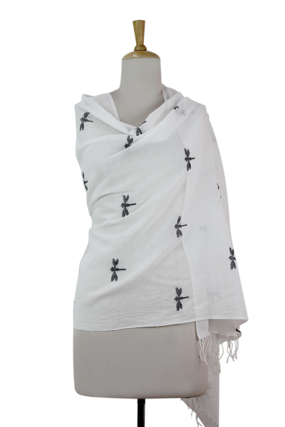 Jamdani cotton shawl, 'Dragonfly Joy' - Black Dragonflies on Off White Hand Woven Cotton Shawl Wrap