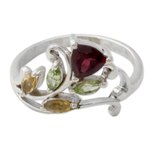 Multigemstone flower ring, 'Rosebud Glory' - Multigemstone Flower Ring Crafted with Sterling Silver