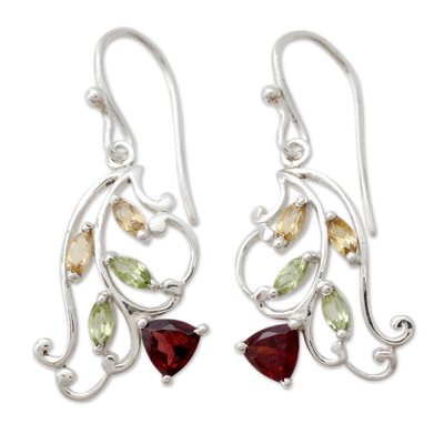 Multigemstone flower earrings, 'Rosebud Glory' - Multigemstone Flower Earrings Crafted with Sterling Silver