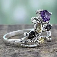 Multigemstone flower ring, 'Glorious Rosebud' - Indian Multigemstone Flower on Sterling Silver Ring