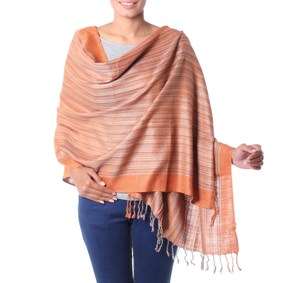 Silk shawl, 'Bihar Ginger' - India Artisan Crafted Women's Handwoven Silk Striped Shawl
