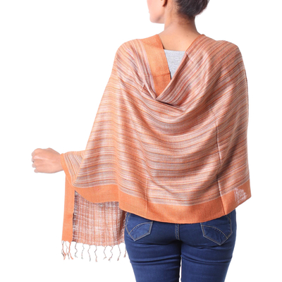 Silk shawl, 'Bihar Ginger' - India Artisan Crafted Women's Handwoven Silk Striped Shawl