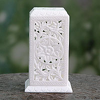 Portavelas de candelita de mármol, 'Agra Pillar of Light' - Portavelas de candelita de mármol blanco artesanal hecho a mano