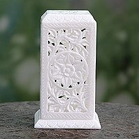 Marble tealight candleholder, 'Agra Pillar of Light' - Artisan Crafted White Marble Tealight Candle Holder