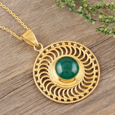 Gold vermeil onyx pendant necklace, 'Whirlwind' - 22k Gold Vermeil Pendant Necklace with Green Onyx