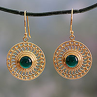 Gold vermeil onyx dangle earrings, 'Whirlwind' - 22k Gold Vermeil Hook Earrings Handcrafted with Green Onyx