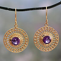 Gold vermeil amethyst dangle earrings, 'Whirlwind' - India 22k Gold Vermeil Earrings Handcrafted with Amethyst