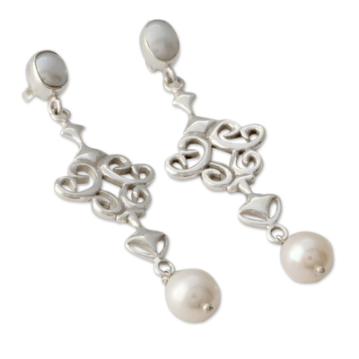 Cultured pearl dangle earrings, 'Ode to Fantasy' - Shiny Sterling Silver Earrings with White Pearls from India
