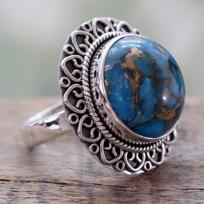 Sterling silver cocktail ring, 'Golden Blue Mirage' - Indian Sterling Silver Ring with Blue Composite Turquoise