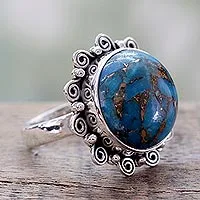 Anillo de cóctel de plata de ley - Anillo de plata de ley con turquesa compuesta azul indio