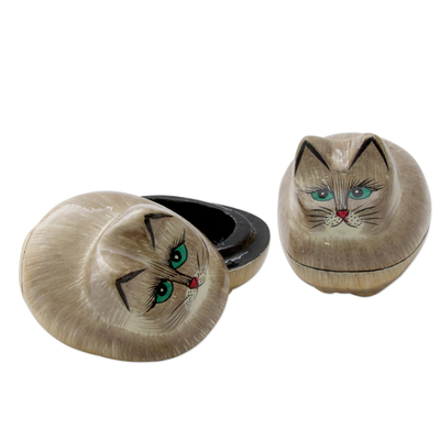 Papier mache boxes, 'Contented Kitties' (pair) - Indian Handcrafted Cat Theme Papier Mache Boxes (Pair)