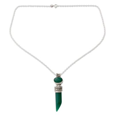 Onyx pendant necklace, 'Love Amulet' - Indian Handcrafted Green Onyx Pendant Necklace in Silver