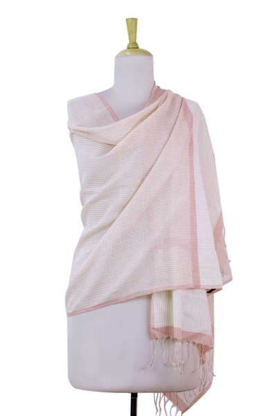 Cotton shawl, 'Orderly Peach' - Hand Woven Cotton Shawl Wrap in Peach and Ivory