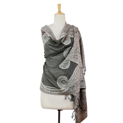 Jamawar wool shawl, 'Ivy and Paisley' - Brown and Olive Green Indian Jamawar Style Wool Shawl