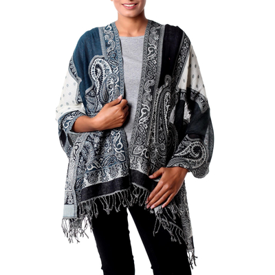 Mantón de lana Jamawar - Chal de lana india Paisley estilo Jamawar con sutil verde azulado