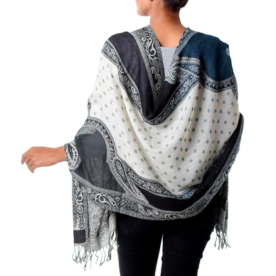 Jamawar wool shawl, 'Teal Whisper' - Indian Wool Paisley Jamawar Style Shawl with Subtle Teal