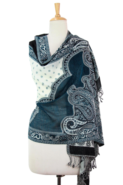 Mantón de lana Jamawar - Chal de lana india Paisley estilo Jamawar con sutil verde azulado
