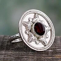 Garnet cocktail ring, 'Crimson Sea Star' - Artisan Crafted Sterling Silver Statement Ring with Garnet