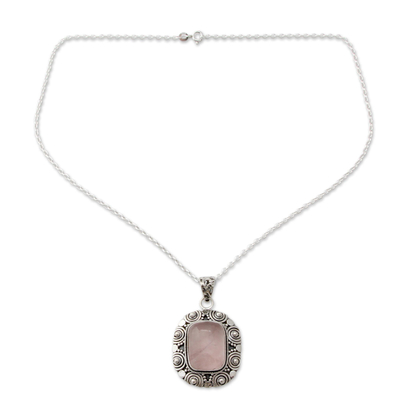 Rose quartz pendant necklace, 'Ancient Rose' - Fair Trade Rose Quartz Necklace in 925 Sterling Silver