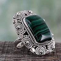 Malachite cocktail ring, 'Ancient Forest' - Indian Malachite Cocktail Ring in 925 Sterling Silver