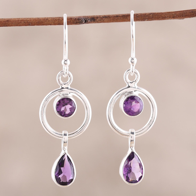 Amethyst dangle earrings, 'Modern Lilac' - Indian Contemporary Amethyst and Sterling Silver Earrings
