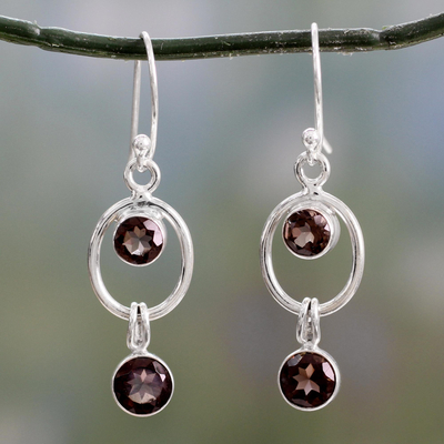 Smoky quartz dangle earrings, 'Modern Mist' - Sterling Silver and Smoky Quartz Earrings from India