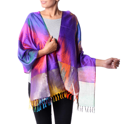 Varanasi silk shawl, 'Iridescent Rainbow' - Varanasi Silk Shawl Multicolor Wrap from India