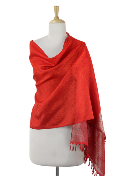 Varanasi silk shawl, 'Paisley Afire' - Bright Orange Red Varanasi Shawl Silk Wrap from India