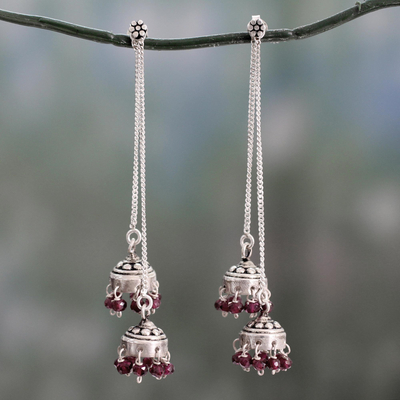 Garnet dangle earrings, 'Wedding Bells' - Indian Sterling Silver Detachable Garnet Jhumki Earrings
