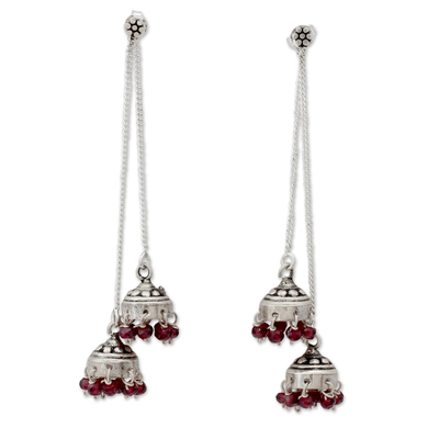 Garnet dangle earrings, 'Wedding Bells' - Indian Sterling Silver Detachable Garnet Jhumki Earrings
