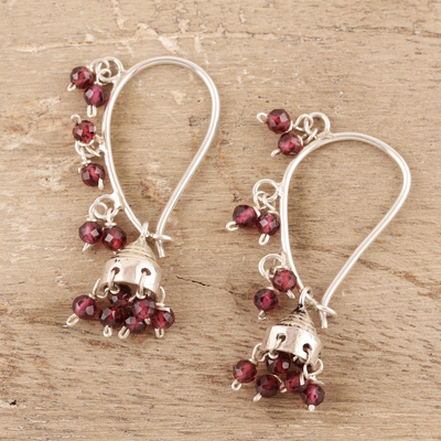 Garnet chandelier earrings, 'Music' - Garnet and Sterling Silver Handcrafted Jhumki Earrings