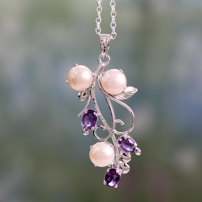 Amethyst and cultured pearl pendant necklace, 'Sincerely Yours' - Pendant Necklace in Silver with Amethysts and Pearls