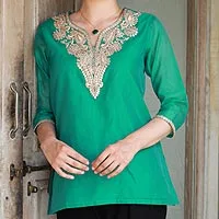 Cotton and silk blend tunic, 'Sea Princess' - Sea Green Silk and Cotton Tunic with Golden Embroidery