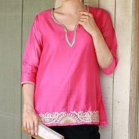 Cotton and silk blend tunic, 'Jaipuri Masala' - Elegant Bright Pink Tunic in a Cotton and Silk Blend