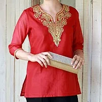 Cotton and silk blend tunic, 'Jaipuri Romance' - Embellished Red Cotton and Silk Tunic with Embroidery