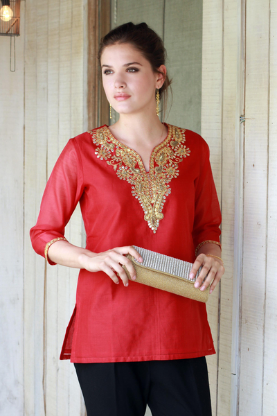 Cotton and silk blend tunic, 'Jaipuri Romance' - Embellished Red Cotton and Silk Tunic with Embroidery