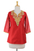 Cotton and silk blend tunic, 'Jaipuri Romance' - Embellished Red Cotton and Silk Tunic with Embroidery (image 2c) thumbail