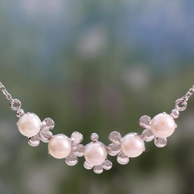 Cultured pearl pendant necklace, 'Peaceful Petals' - Rhodium Plated Sterling Silver and Cultured Pearl Necklace