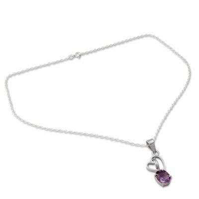Amethyst pendant necklace, 'Tender Heart' - Amethyst and Silver Pendant Necklace with Heart Motif