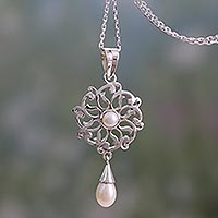 Cultured pearl pendant necklace, 'Chakra Mandala' - Pendant Necklace with Cultured White Pearls and 925 Silver