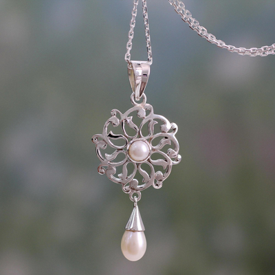 Cultured pearl pendant necklace, 'Chakra Mandala' - Pendant Necklace with Cultured White Pearls and 925 Silver