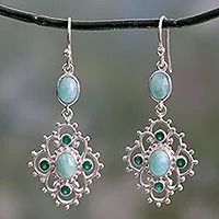 Pendientes colgantes de amazonita y ónix, 'Garden Trellis' - Pendientes colgantes de plata con amazonita y ónix verde