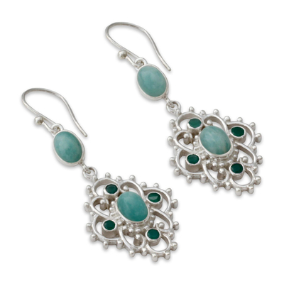 Amazonite and onyx dangle earrings, 'Garden Trellis' - Silver Dangle Earrings with Amazonite and Green Onyx