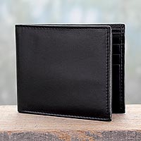 Men's leather wallet, 'Bengal Black' - Men's Black Leather Wallet with Traditional Styling