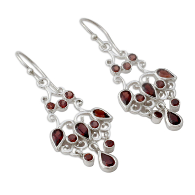 Garnet chandelier earrings, 'Dancing Chandelier' - Chandelier Style Earrings in Silver with Garnets