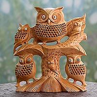 Wood jali sculpture, 'Midnight Family' - Hand Carved Wood Jali Sculpture of Owl Family