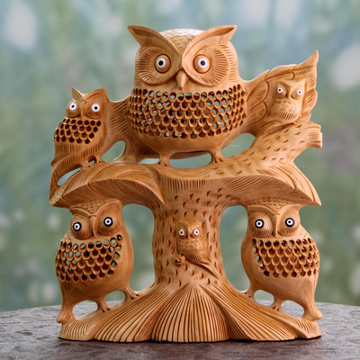 Wood jali sculpture, 'Midnight Family' - Hand Carved Wood Jali Sculpture of Owl Family