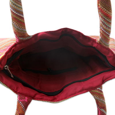 Cotton shoulder bag, 'Sunset Flames' - Dark Orange and Multicolor Embellished Cotton Handbag