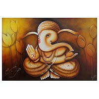 „Segen von Ganesha“ – Original Hindu-Ganesha-Gemälde in warmer Farbpalette